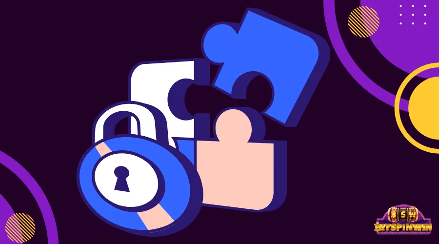 Illustration of a padlock, shield, and puzzle pieces representing the security and trust factors to check on an online gaming platform.
