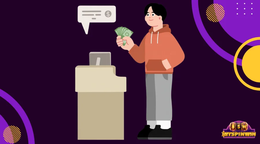 Illustration of a person holding cash beside a payment kiosk, representing secure deposit and withdrawal methods for online gaming.