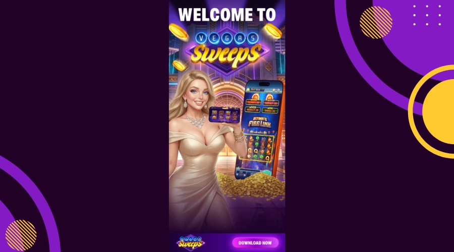 Illustration of a woman in a gold dress beside a "Welcome to Sweeps" login screen, representing the Vegas Sweeps 777 app.