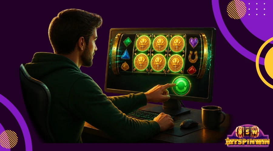 Illustration of a person seated at a slot machine displaying a 3x3 grid of gold coin symbols, with one square glowing green, representing the hold and win slots mechanic.