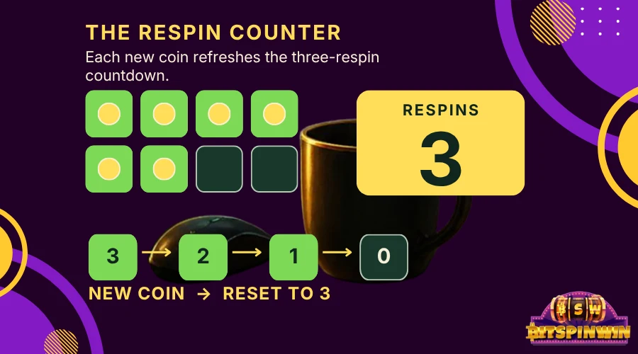 "The Respin Counter" graphic showing a coin grid with a countdown from 3 to 0 and a "New Coin, Reset to 3" label, explaining how respins work in hold and win slots.