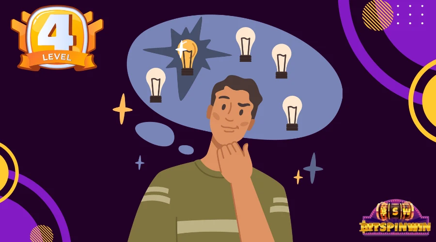 Illustration of a person thinking with a lightbulb-filled thought bubble beside a gold "4" trophy badge, representing strategy tips for hold and win slots.