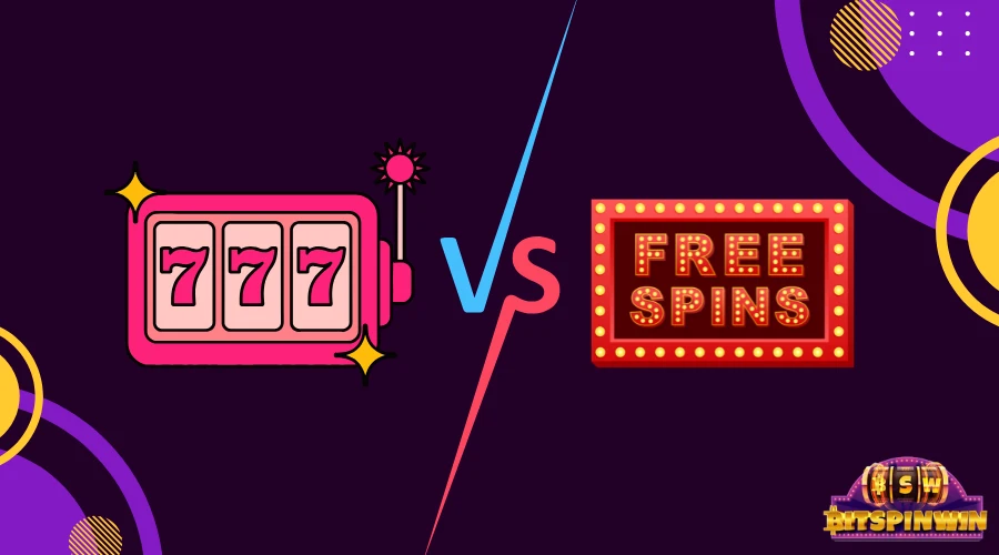Illustration comparing a "777" slot symbol against a "Free Spins" banner, representing the two main reward types in hold and win slots.