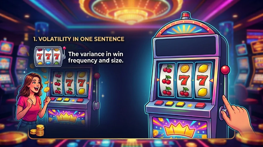 "Volatility in One Sentence" graphic defining volatility as "the variance in win frequency and size," beside slot machine reels.