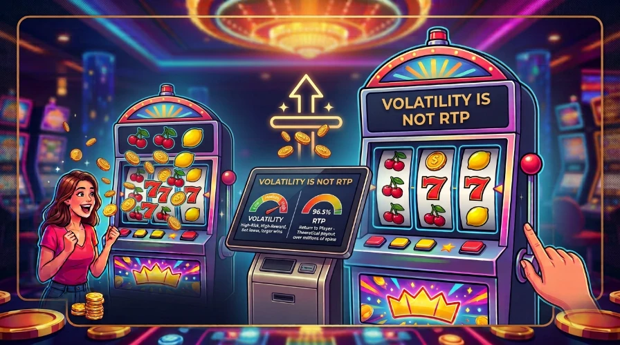 "Volatility Is Not RTP" graphic with a hand pressing a slot machine spin button, distinguishing volatility from return-to-player rate.