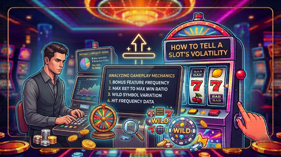 Illustration of a person working at a desk beside a "How to Tell a Slot's Volatility" chart and slot machine graphic.