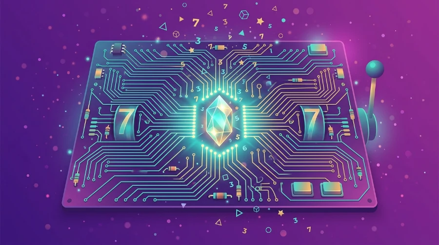 Illustration of a glowing circuit board with a crystal core, representing how slot machines are programmed using a random number generator