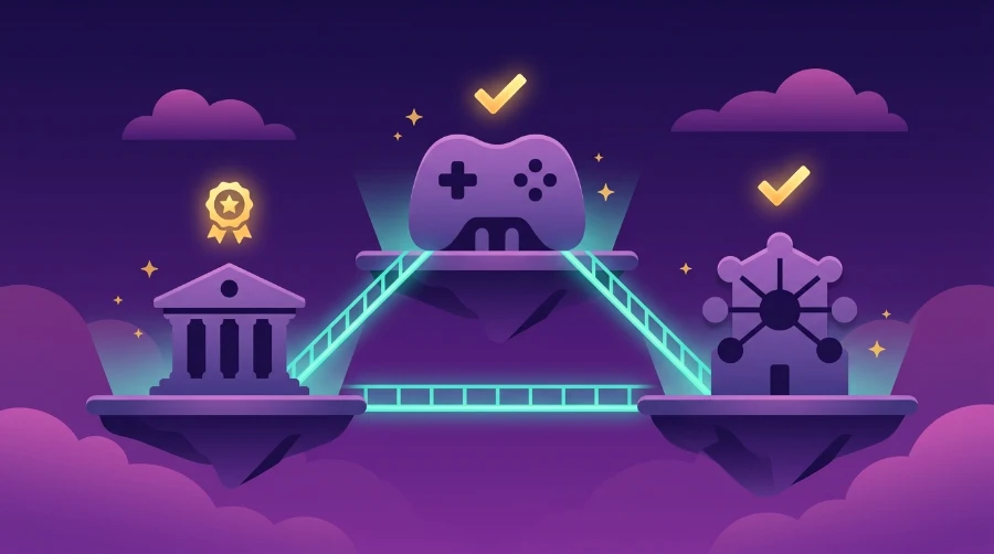 Illustration of three connected platforms linked by glowing bridges, representing slot fairness standards across different casino types