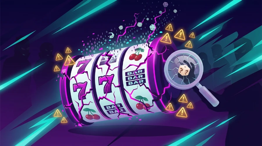 Illustration of a cracked, glitching slot reel surrounded by warning symbols, representing red flags of a rigged slot machine