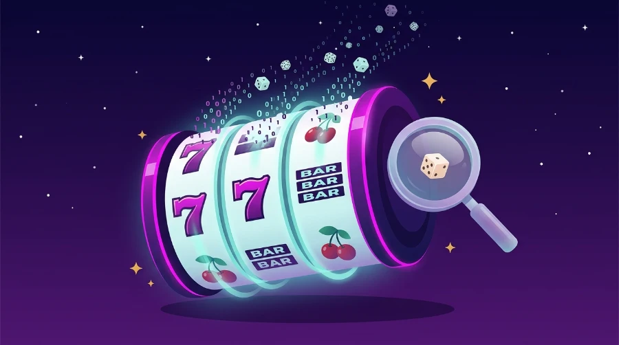 Illustration of a spinning slot reel inspected by a magnifying glass, representing how to check whether online slots are rigged or random
