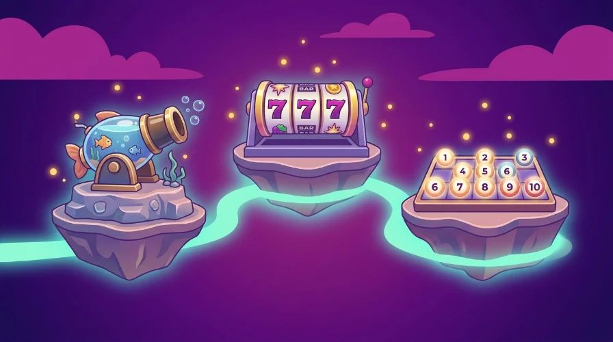 Illustration of three floating islands featuring a fish table cannon, a slot reel, and keno balls, representing the mobile casino games available to try