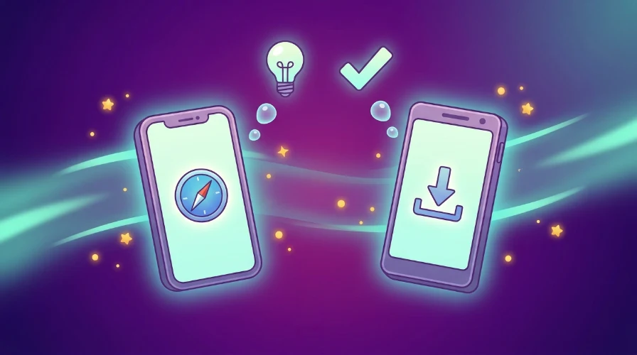 Illustration of two smartphones side by side with browser and download icons, representing mobile casino tips for iPhone and Android users