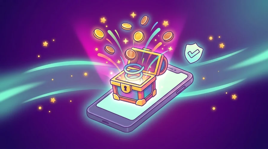 Illustration of a smartphone with a treasure chest releasing glowing coins, representing how to start playing mobile casino games with free play credit