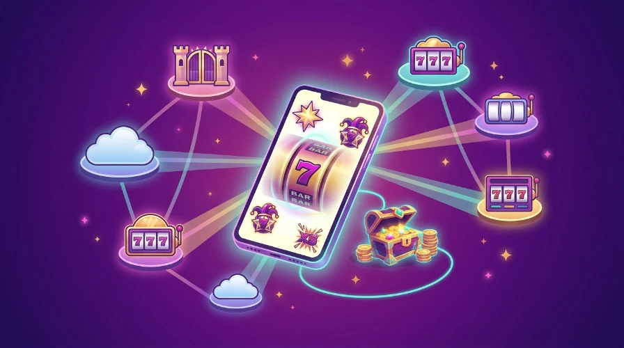 Illustration of a smartphone connected by glowing lines to multiple gaming platform icons, representing how one BitSpinWin account links to 30+ mobile casino platforms