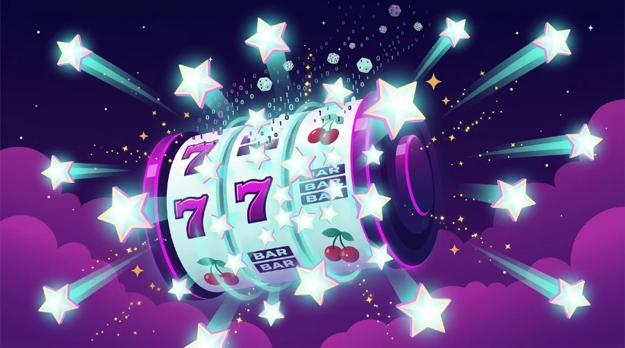 Illustration of glowing star-shaped scatter symbols bursting outward from a slot reel, representing how scatter symbols work in online slots