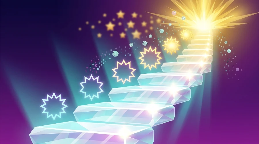Illustration of a glowing ascending staircase of light, representing how slot multipliers increase the value of a win