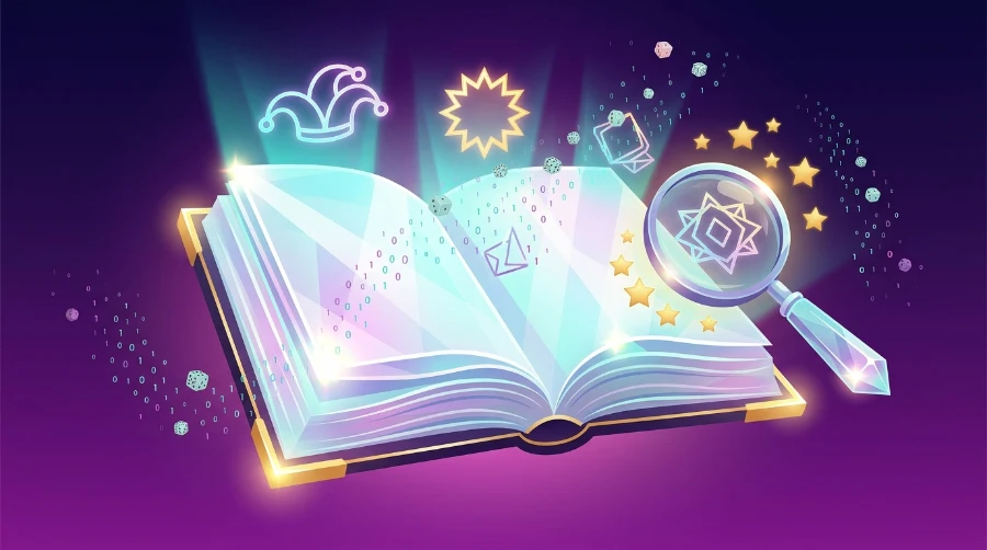 Illustration of an open glowing book examined by a magnifying glass, representing how to read slot bonus features in a paytable