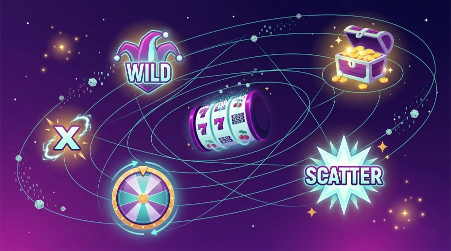 Illustration of a slot reel surrounded by orbiting wild, scatter, and bonus chest icons, representing a quick overview of common slot bonus features