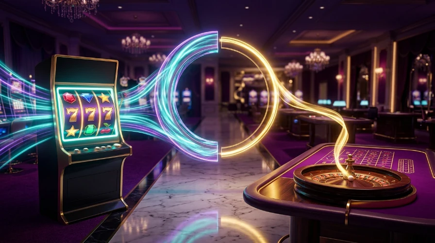 Slot machine and roulette wheel linked by a glowing ring, showing house edge and RTP as two sides of one number