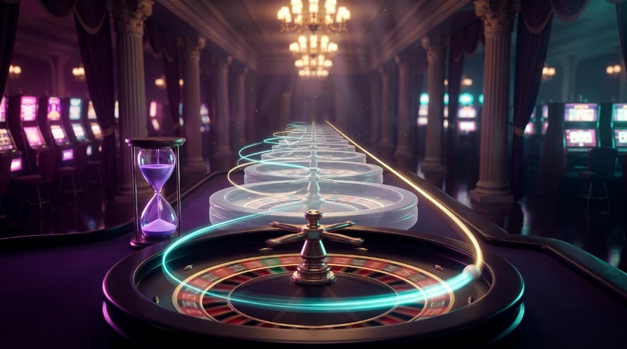 Casino hall of roulette wheels fading into the distance beside an hourglass, showing the house edge over many rounds