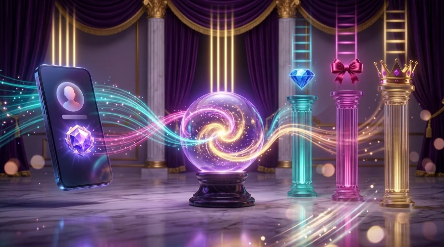 How a casino loyalty program works, with a phone profile feeding points into a glowing orb that unlocks tiered perks