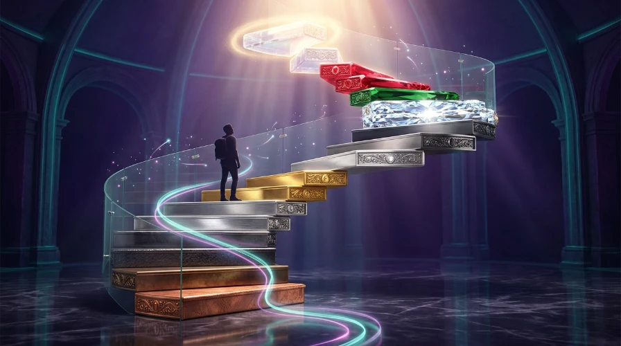 Casino loyalty program level ladder shown as a spiral staircase of materials from copper up to the elite tier