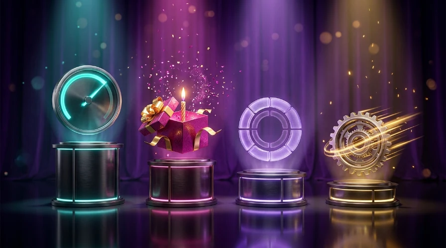 Casino loyalty perks on pedestals, including a higher limit gauge, birthday gift box, percentage reward ring and points multiplier gear