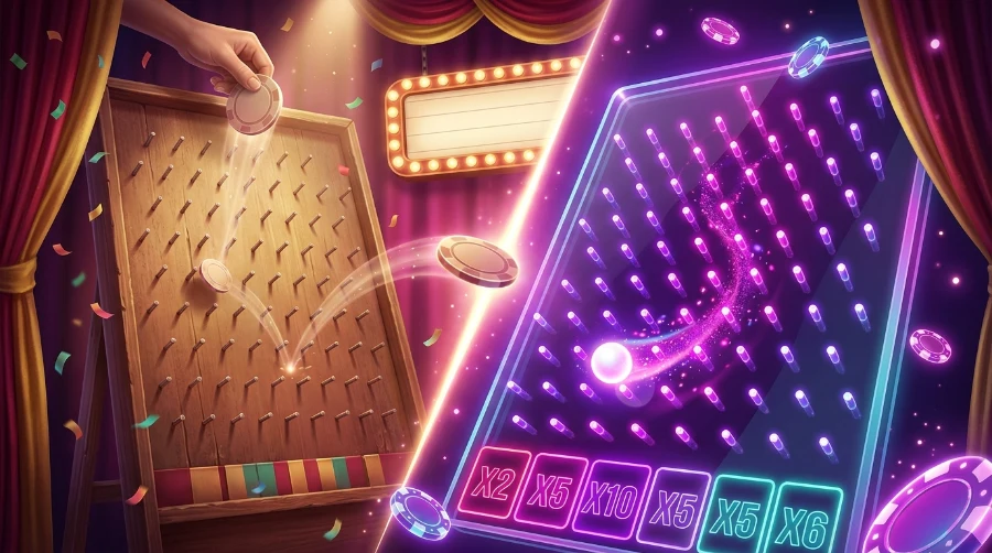 retro game-show stage with a wooden peg board and a chip disc on the left, changing into a neon digital Plinko board with a glowing ball on the right.