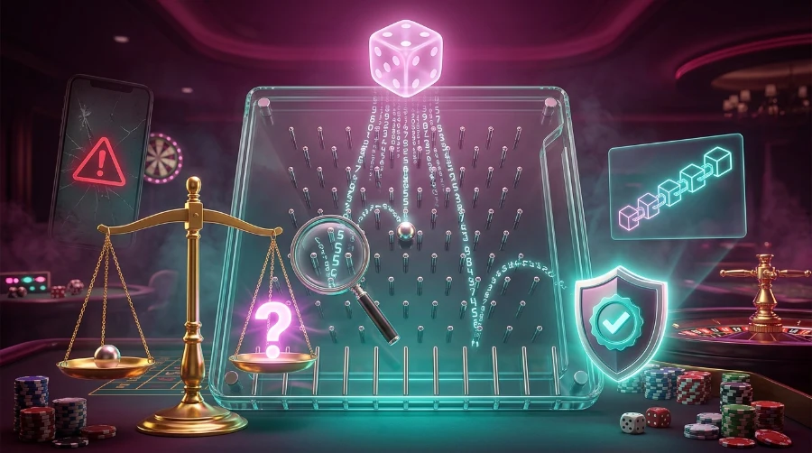 transparent glass Plinko board with a random number cube above it, a level balance scale, a teal shield with a check mark, and a cracked copycat phone with a warning sign.
