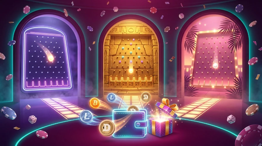 three arched portals, each opening onto a different style of Plinko board, with a wallet surrounded by orbiting coins and a gift box opening in front.