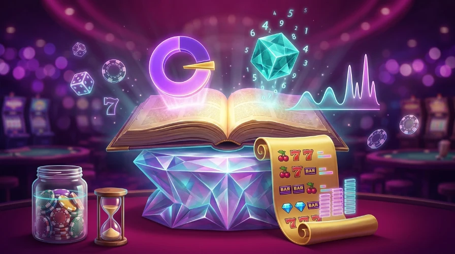 a glowing open glossary book on a crystal pedestal, with a unrolled paytable scroll, a ring chart, a spinning crystal cube, a jar of chips and an hourglass rising from it.