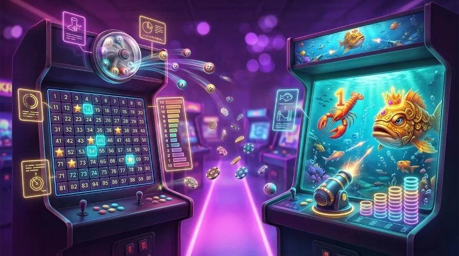a keno cabinet with a numbered tile board, drawn balls and a prize ladder facing a fish table cabinet with a cannon, a boss fish and a lobster carrying a multiplier.