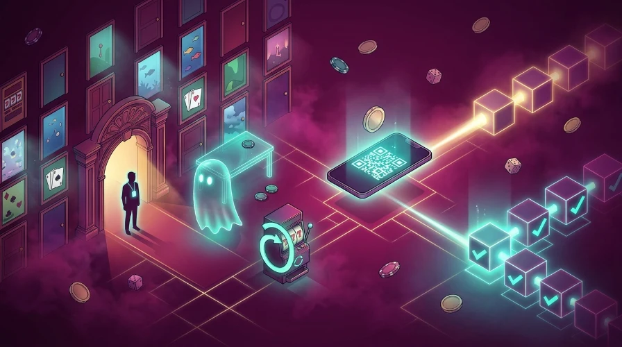 an isometric digital casino map with a lobby of game portals, a phone showing a wallet address pattern and a chain of glowing blocks with check marks for blockchain confirmations.