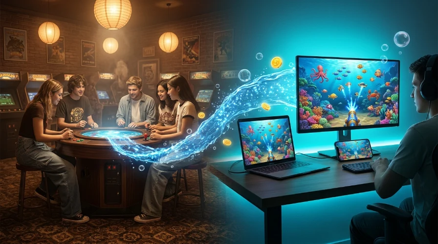 Players around a retro arcade fish table with a stream of water flowing into a laptop and phone running the same online fish game