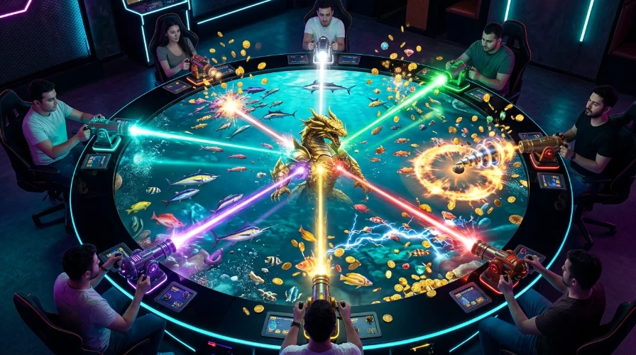 Six-seat shared fish table with colored cannon beams converging on a golden boss sea creature, schools of fish and bursting coins