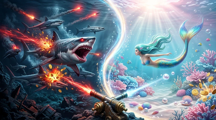 Split ocean scene with a great white shark under cannon fire on one side and a mermaid in a sunlit coral lagoon on the other