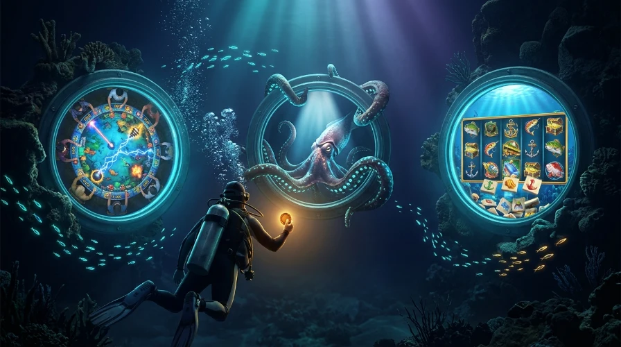 Diver holding a glowing free-play token facing three underwater portals showing a fish table, a boss sea monster and a fishing slot